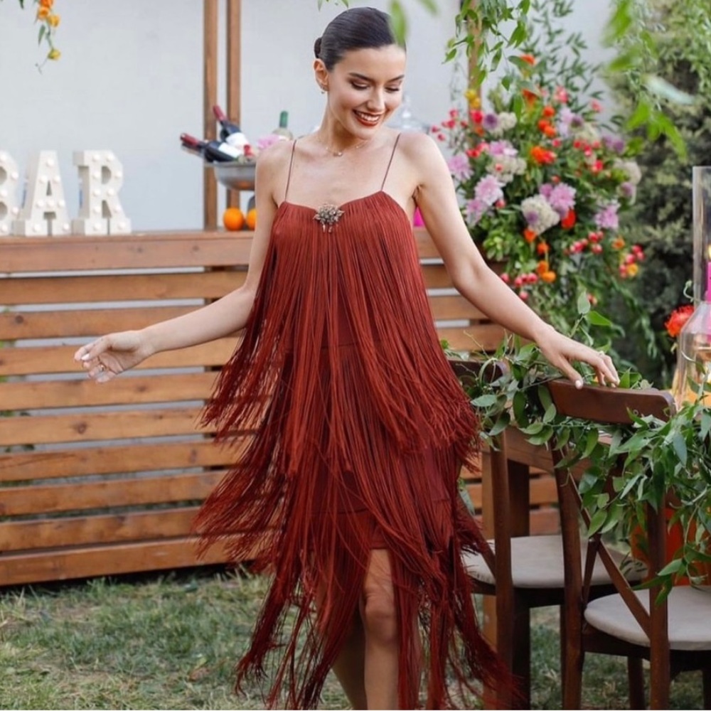 Zara Rust Fringe Midi Dress